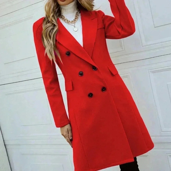 Red Elegant Women's Turndown Collar Long Sleeve Double-Breasted Knitted Coat - Picture 4 of 5